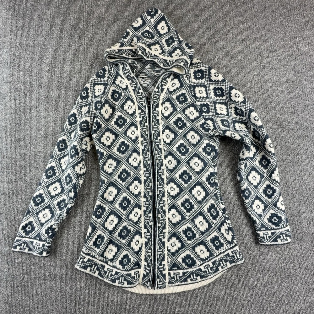Geometric Cardigan Sweater Womens Medium Blue Full Zip Hooded Knit Long Sleeve